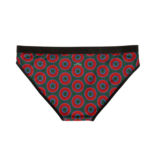 Lumpy Donut Underwear - vivid red donut print w/deep pond green background