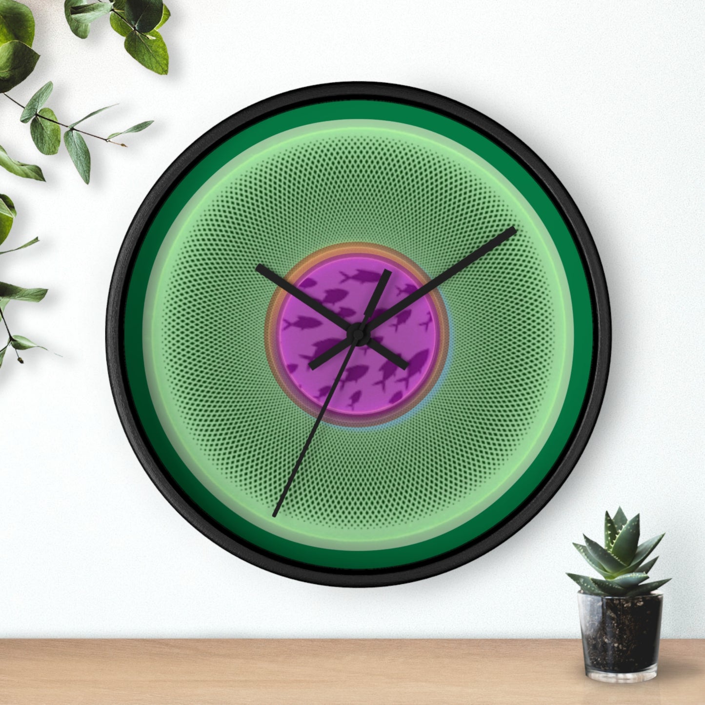Lumpy Wall Clock - "Swimming by Donut Clocks" - variant 3 - light green/purple phatty donut w/green background