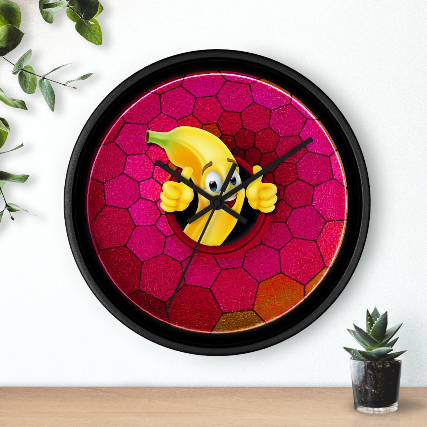 Lumpy Wall Clock - "Dis Sheet, It's Bananas" - variant 4 - magenta hexadonut w/black background