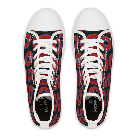 Women's High Top Chuck Taylors - large vivid red donut print w/midnight moss green background