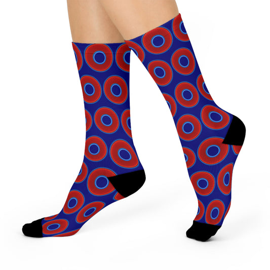 Lumpy Sox - cushioned crew - vivid red donut print w/vivid navy blue background