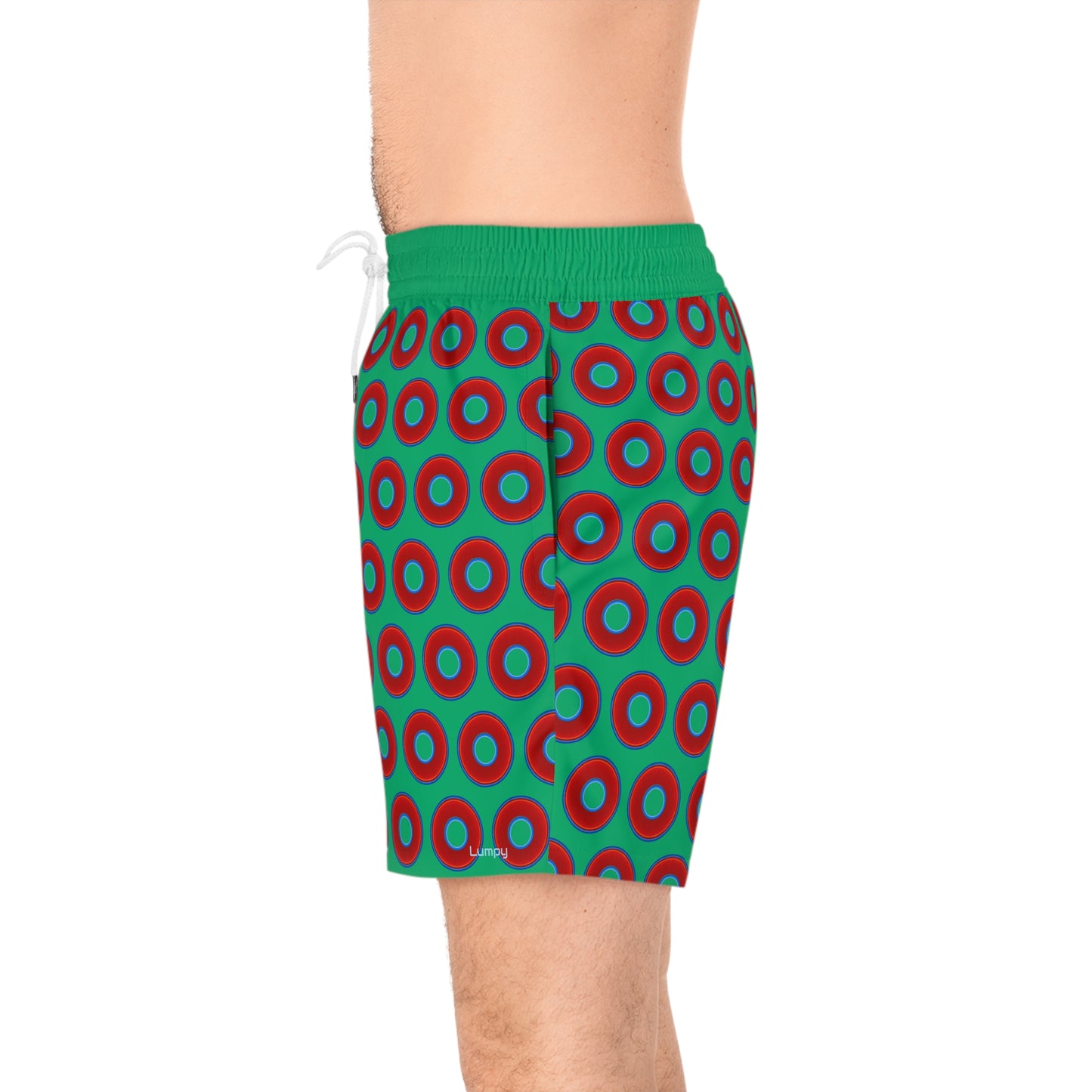 Men's Lumpy Swim Trunks - vivid red donut print w/jade green background