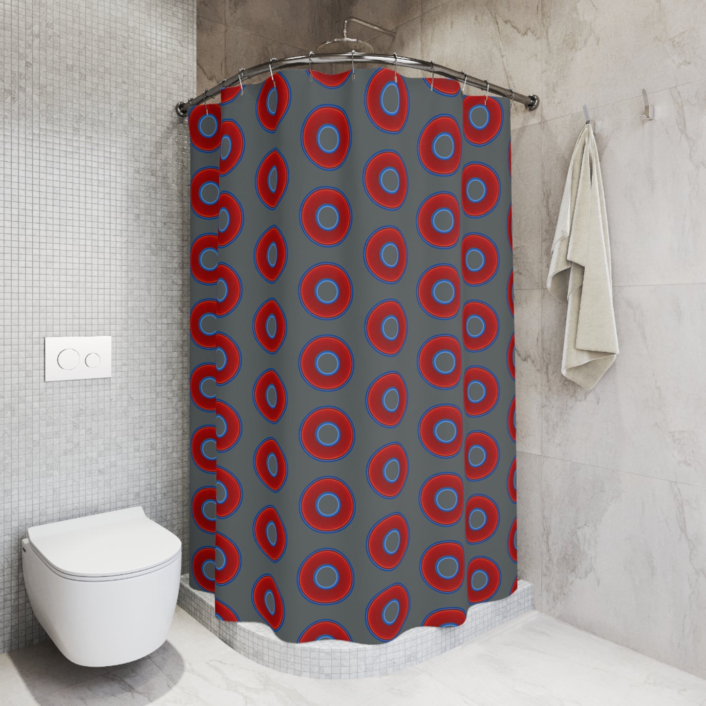 The Curtain With "Donuts" - Lumpy Bath Time Fun - vivid red donuts w/dark gray background