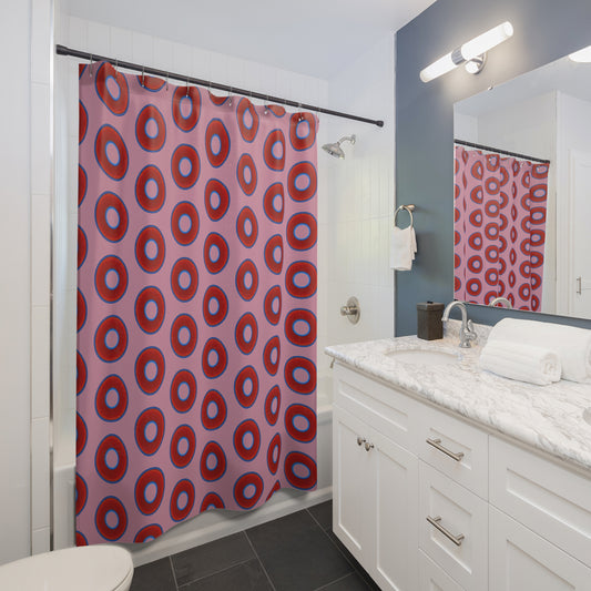 The Curtain With "Donuts" - Lumpy Bath Time Fun - vivid red donuts w/pale magenta background