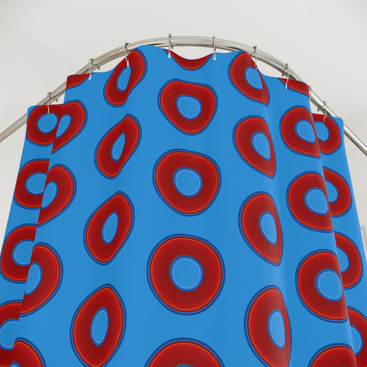 The Curtain With "Donuts" - Lumpy Bath Time Fun - vivid red donuts w/sky royal blue background