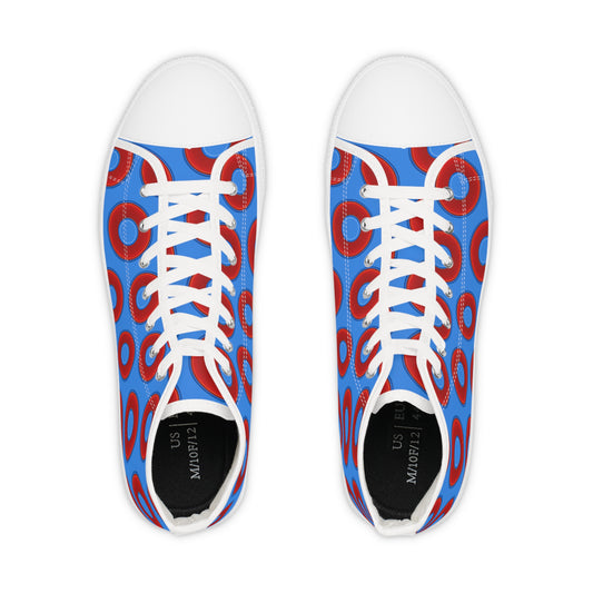 Men's High Top Chucks - large vivid red donut print w/light royal blue background