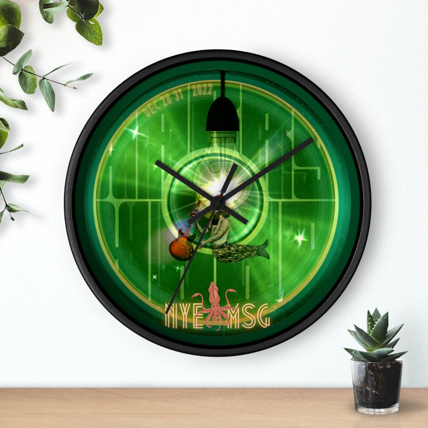 Lumpy Wall Clock - "There Was a party Dec 28-31 2022 in NYC" - vivid green word donut w/deep pond green background