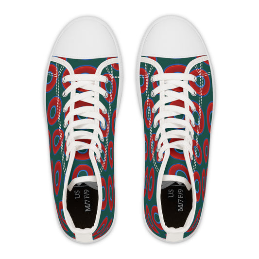 Women's High Top Chuck Taylors - large vivid red donut print w/dark Fenway background