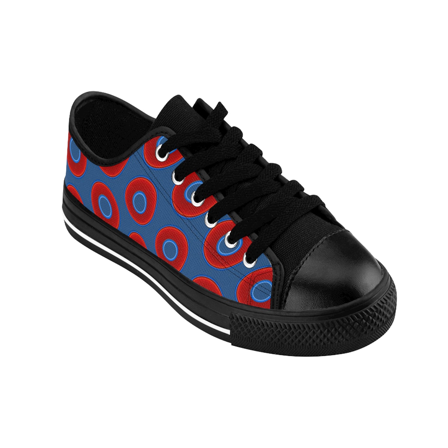 Women's Cushiony Convectors - Low Top - large red vivid donut print w/light navy blue background