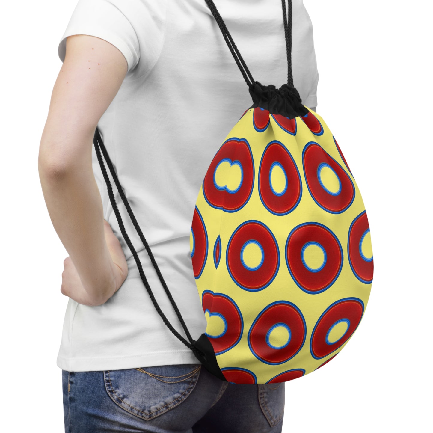 Lumpy Donut Drawstring Bag - red vivid donuts print w/yellow background
