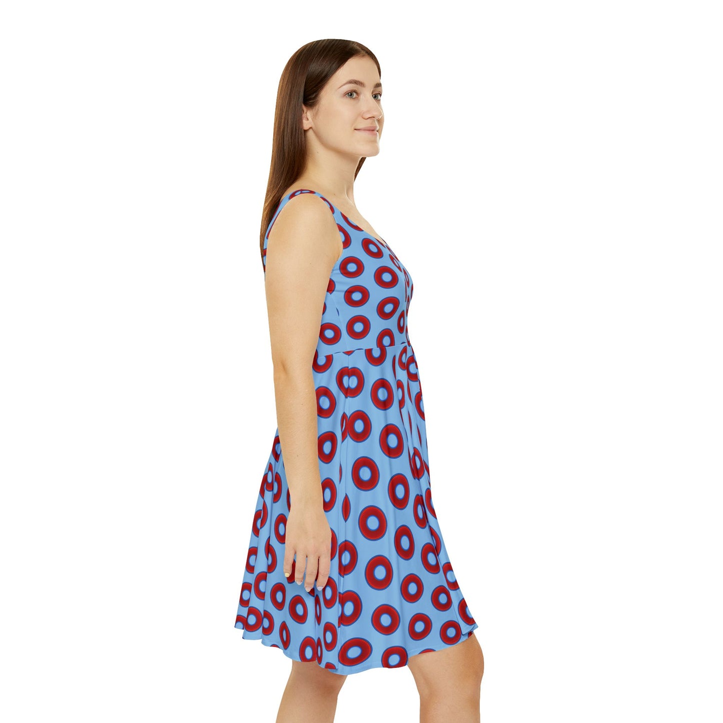 Women's Skater Donut Dress - vivid red donut print w/sky blue background