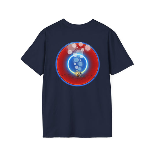 Classic Donut Tee - Unisex Soft-Style - "The Night's Incredibly Long Donut" - vivid red/blue donut