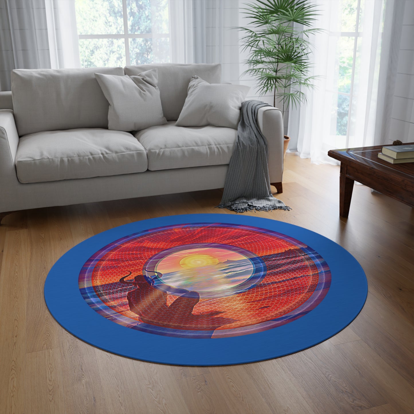 Round Room - 5 ft x 5 ft Lumpy Donut Rug - "The Squirming Donut Rug of Sunset" - rustic red/blue pic donut w/dark royal blue background