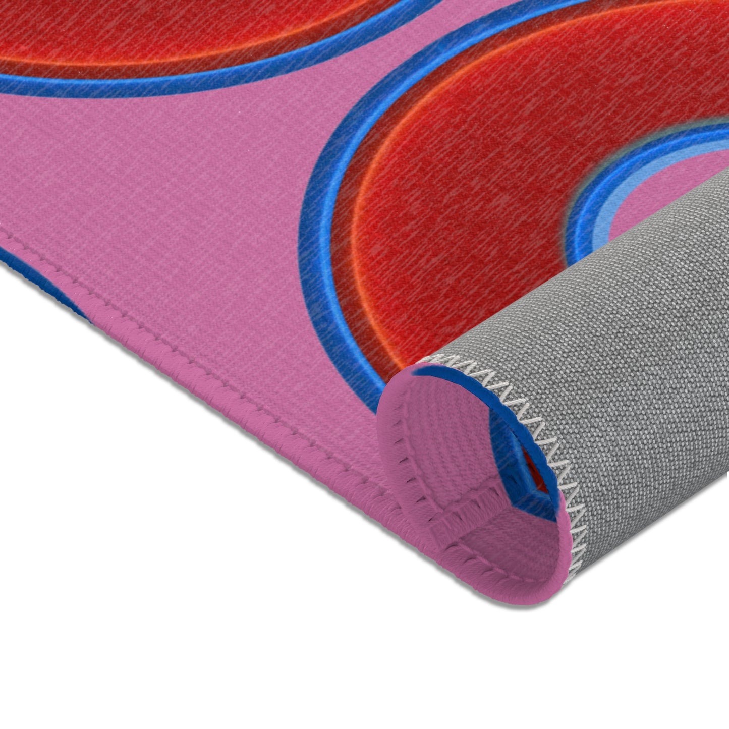 Lumpy Donut Print Rug - choice of 3 sizes - vivid red donut print w/pink background