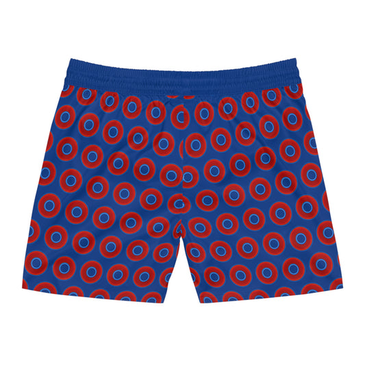 Men's Lumpy Swim Trunks - vivid red donut print w/dark blue background