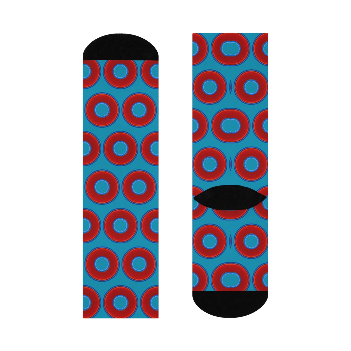 Lumpy Sox - cushioned crew - vivid red donut print w/aquamarine blue background