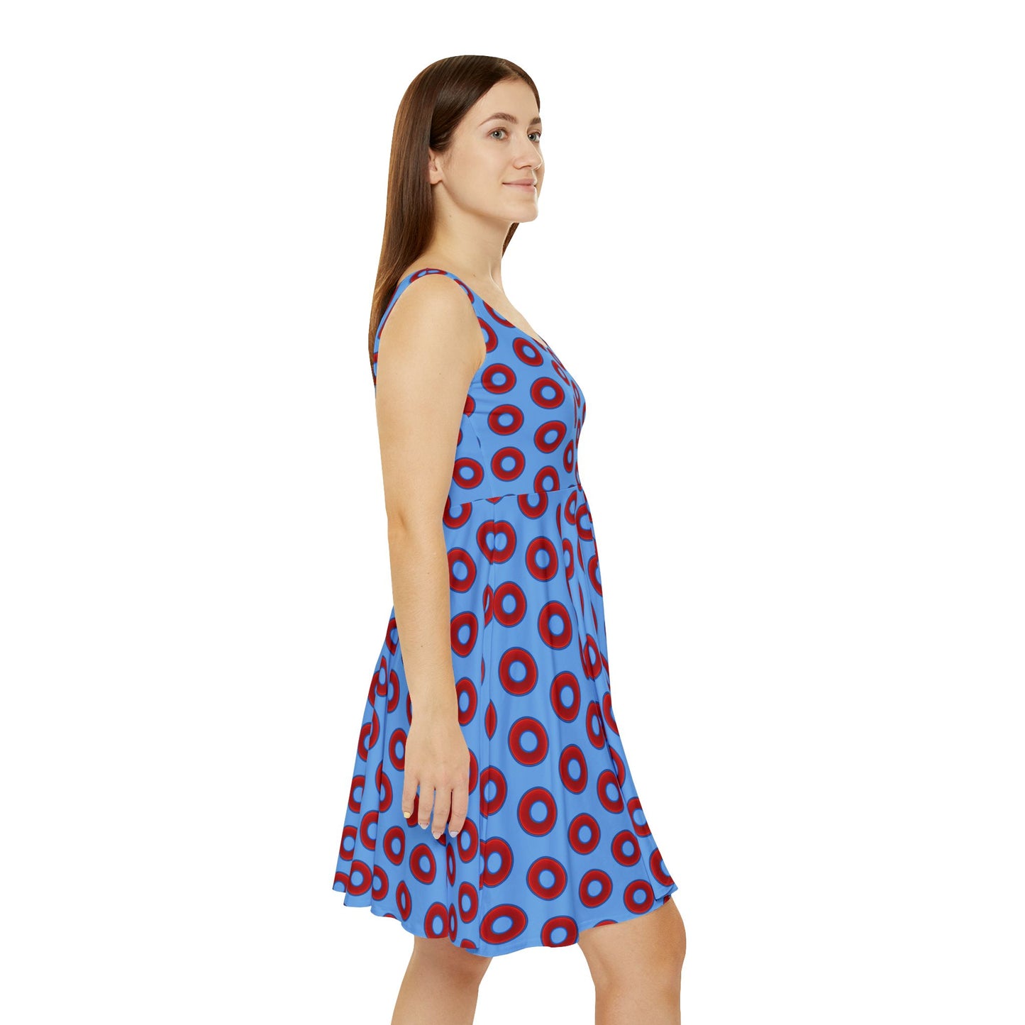 Women's Skater Donut Dress - vivid red donut print w/light blue background