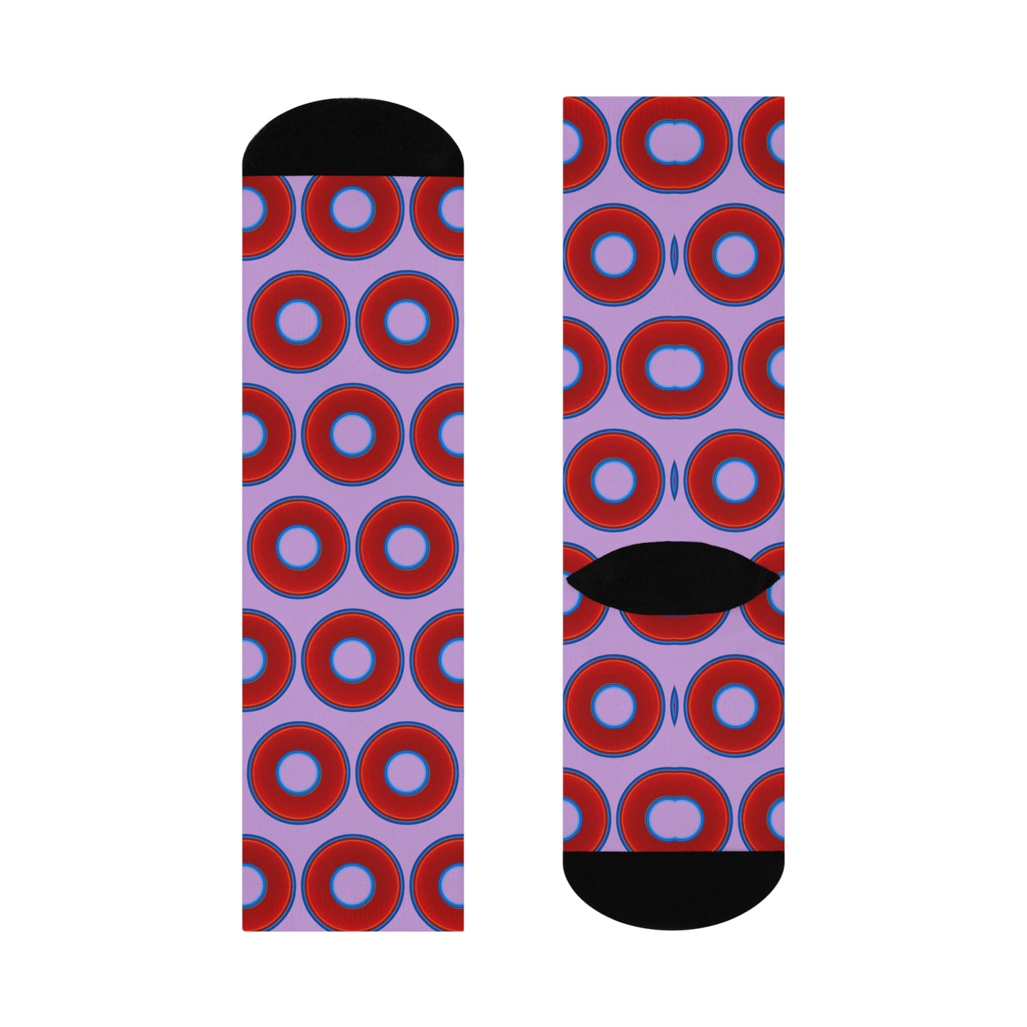 Lumpy Sox - cushioned crew - vivid red donut print w/wisteria purple background