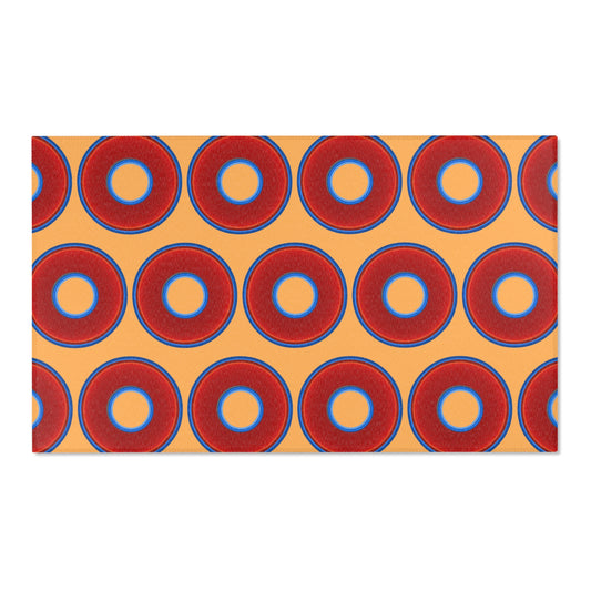 Lumpy Donut Print Rug - choice of 3 sizes - vivid red donut print w/creamsicle orange background