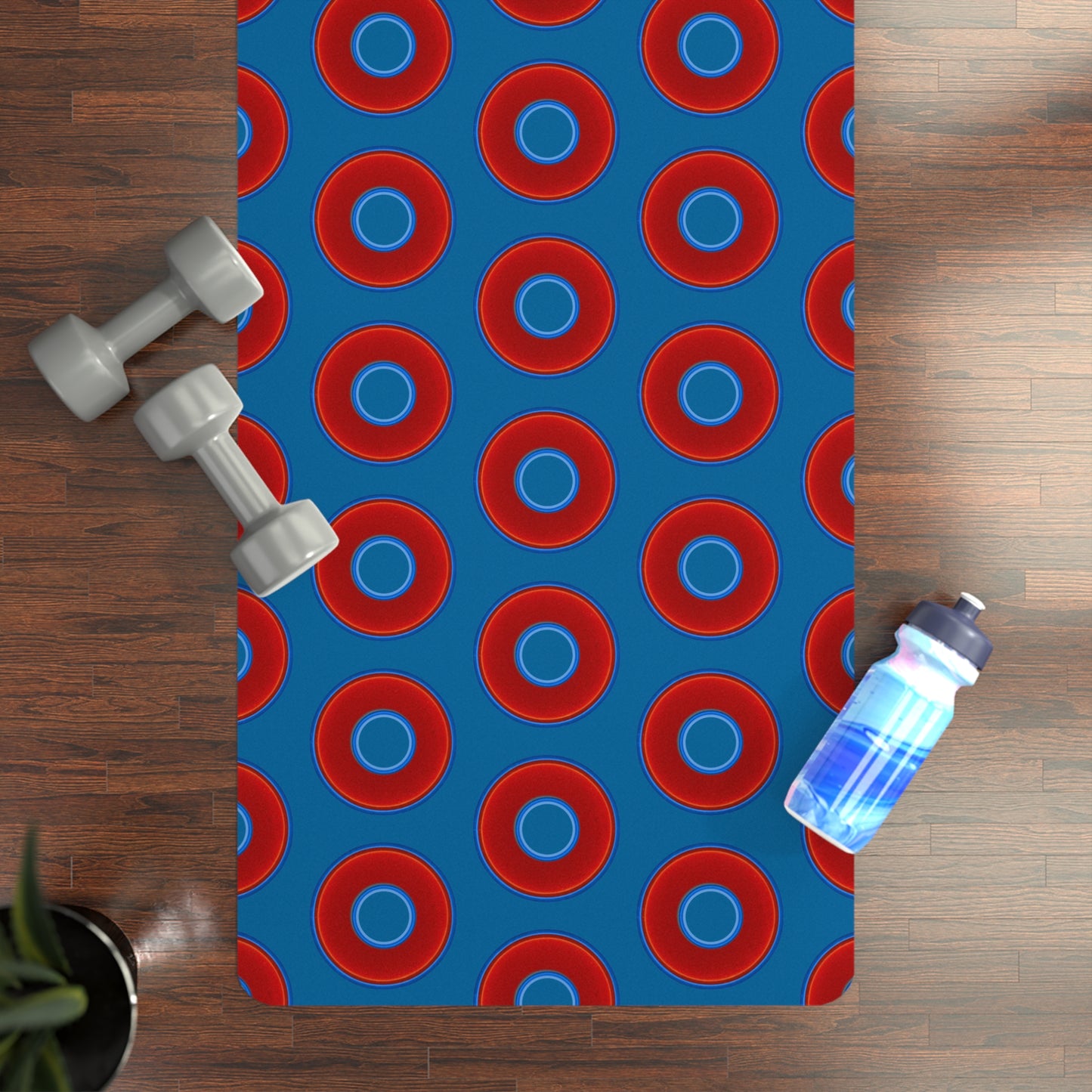 Lumpy Donut Yoga Mat :) - 24″ x 70" - vivid red donut print w/wavy navy blue background