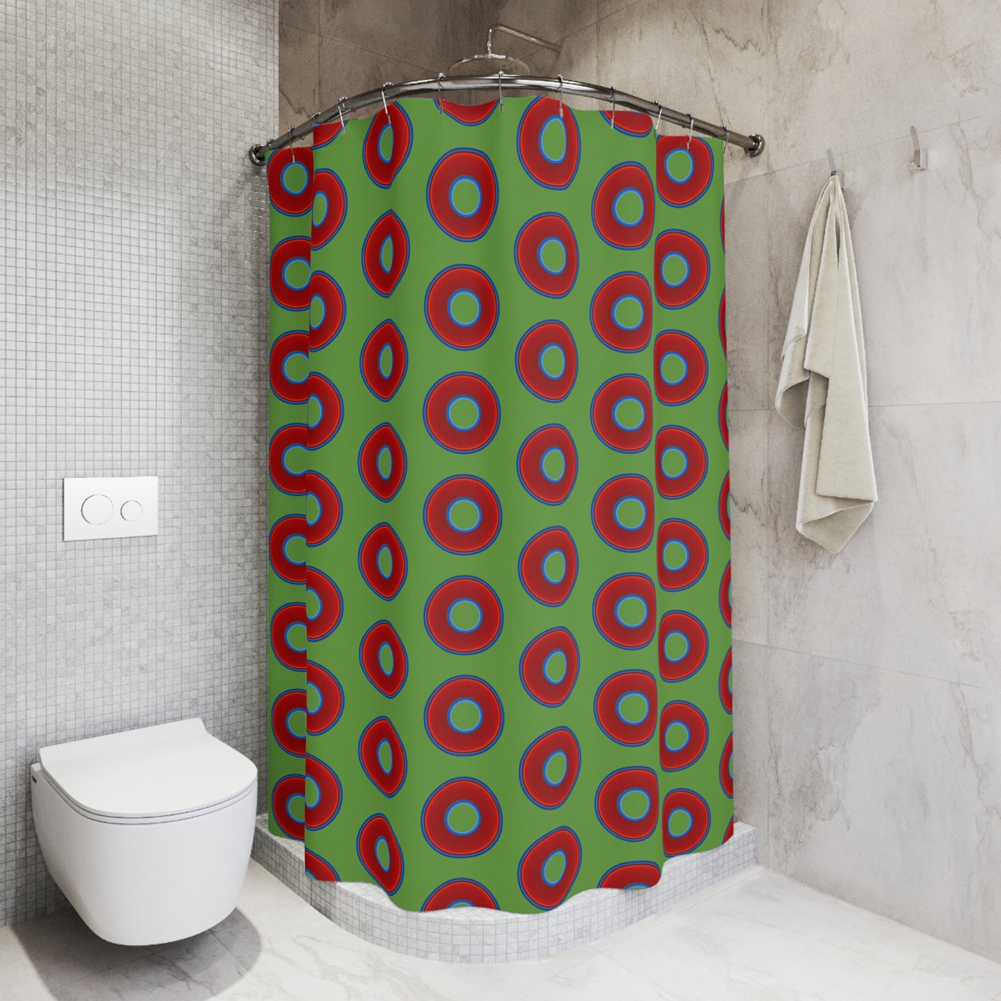 The Curtain With "Donuts" - Lumpy Bath Time Fun - vivid red donuts w/light green background