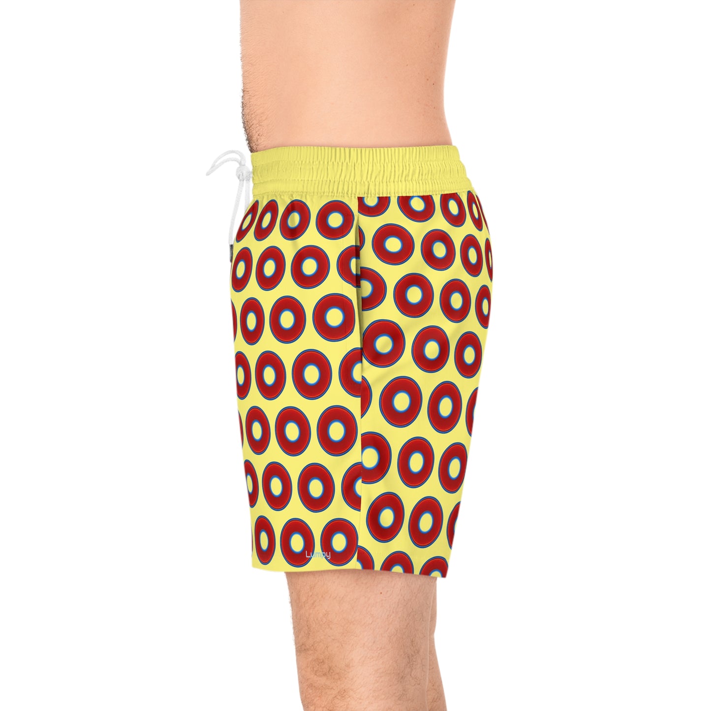 Men's Lumpy Swim Trunks - vivid red donut print w/yellow background