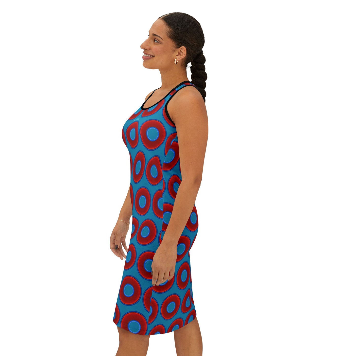 Tela's Lumpy Racerback Donut Dress - red vivid donut print w/aquamarine blue background