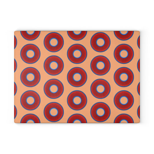 My Friend's Cutting Board - vivid red donuts w/peach background