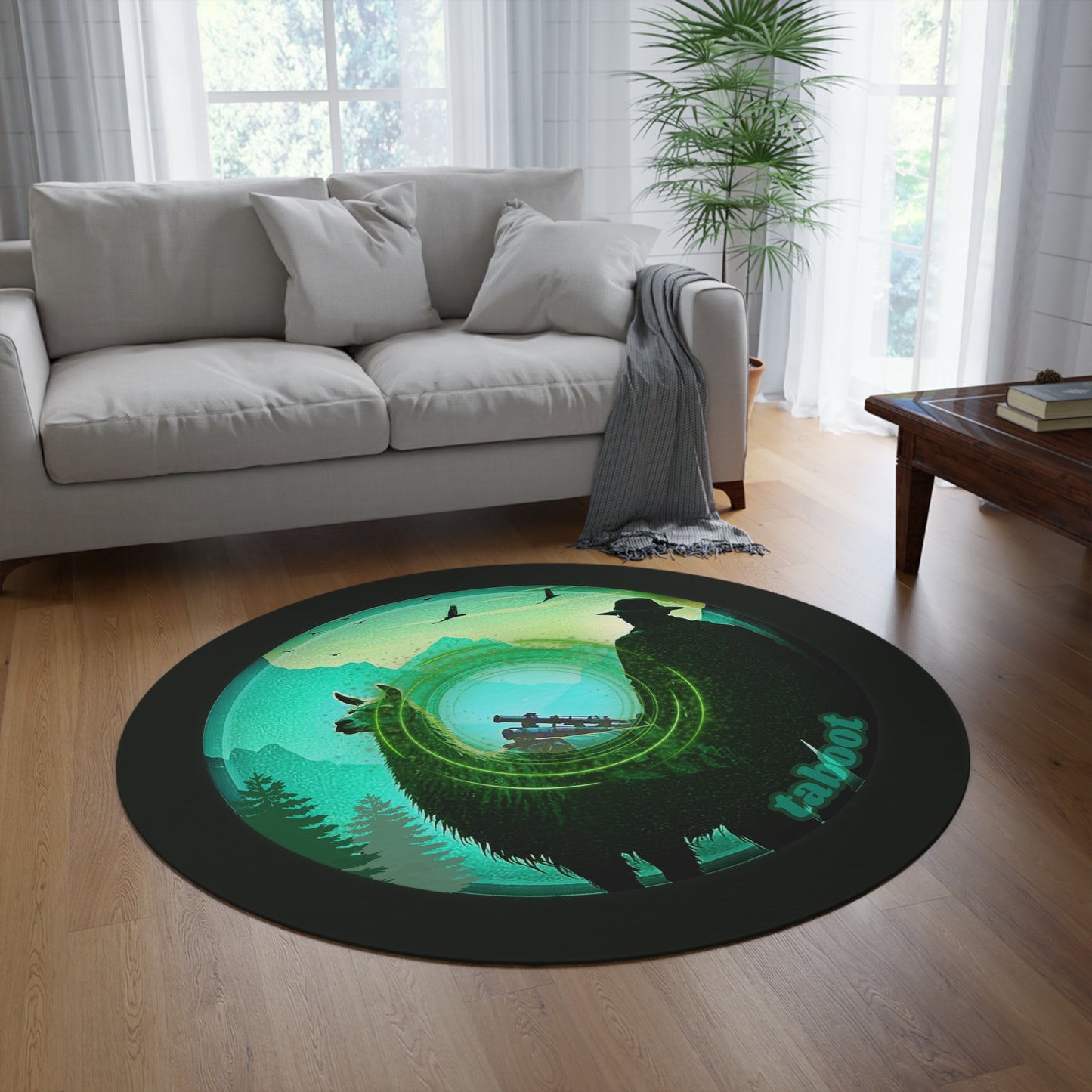 Round Room - 5 ft x 5 ft Lumpy Donut Rug - "The Taboo(t) Donut Rug" - vivid green/teal pic donut w/midnight moss green background