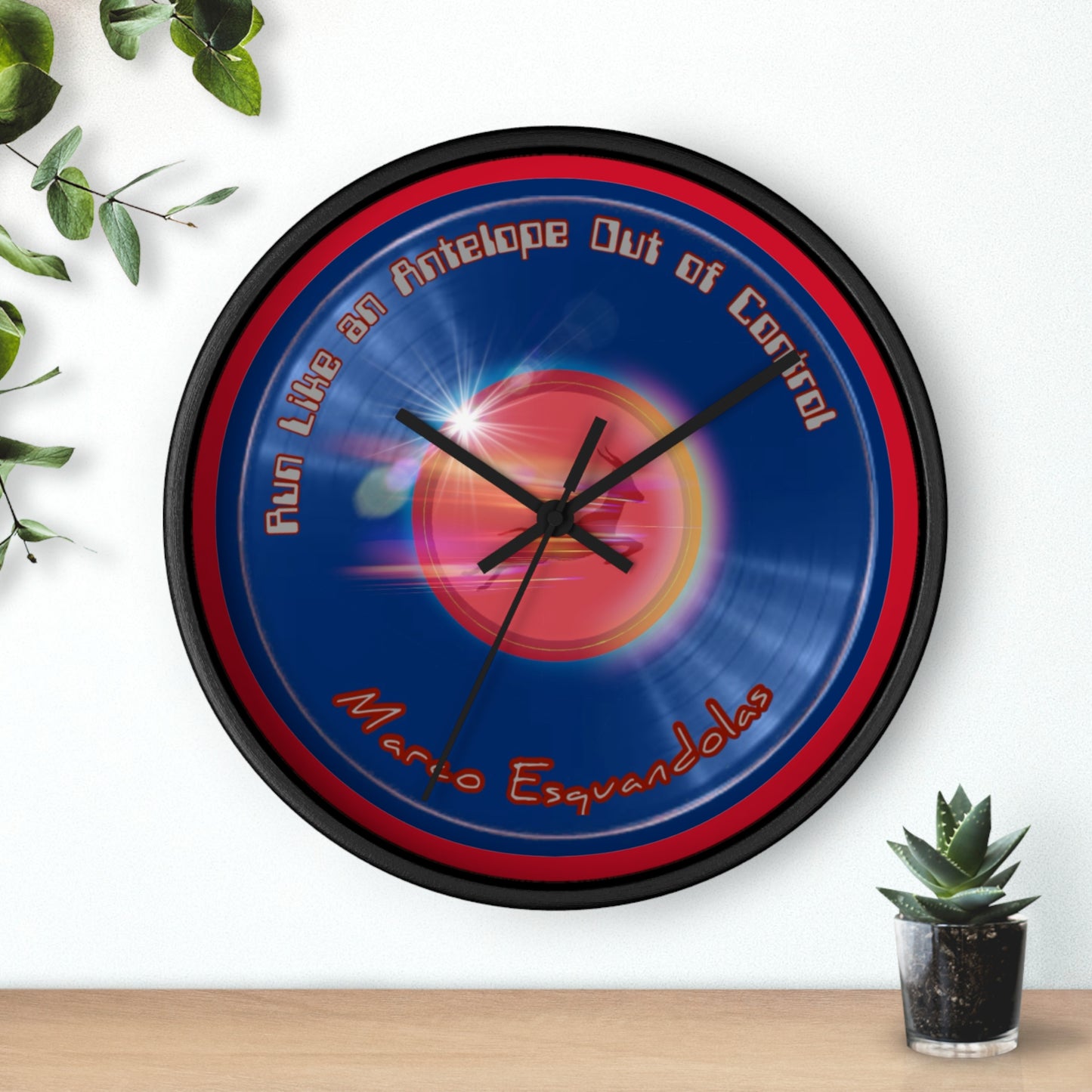 Lumpy Wall Clock - "Marco Makes Good Time Donut" - blue vivid donut w/red background