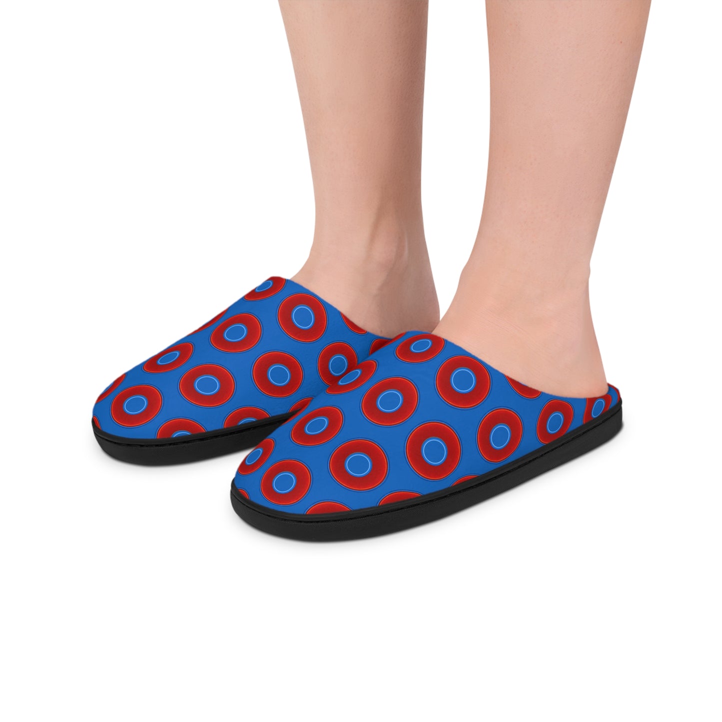 Women's Lumpy Slippers - red vivid donut print w/dark royal blue background