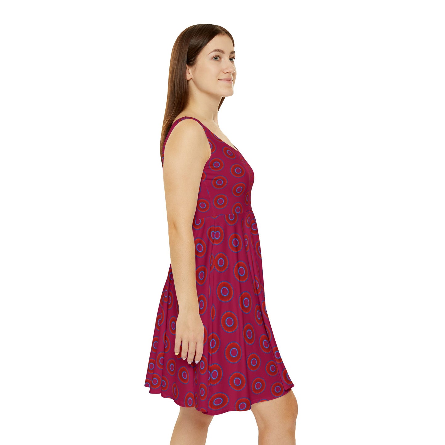 Women's Skater Donut Dress - vivid red donut print w/dark magenta background