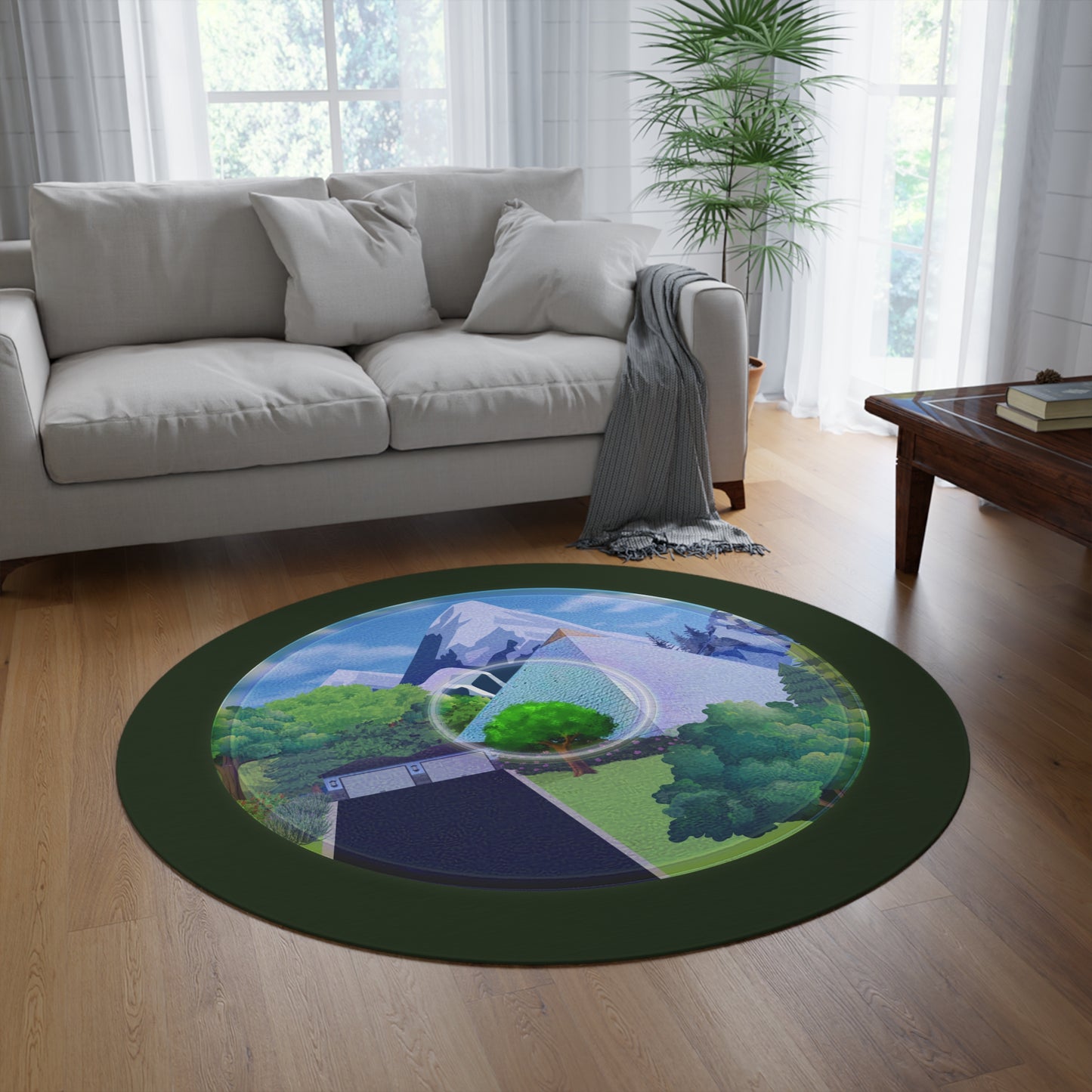 Round Room - 5 ft x 5 ft Lumpy Donut Rug - "Mansions of South Park Donut Rug" - green/blue pic donut w/deep forest green background - variant 2