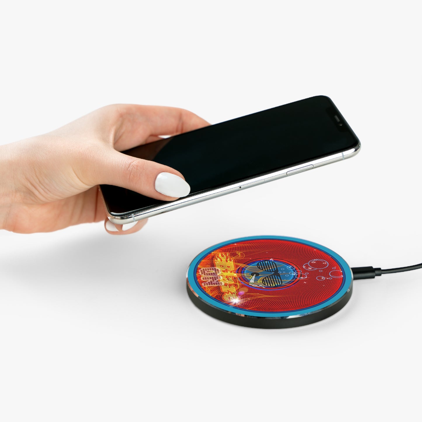 The Flow - Wireless Lumpy Donut Chargers - "Blazing Fast Donut Charger" - red phatty donut w/aquamarine background - variant 1