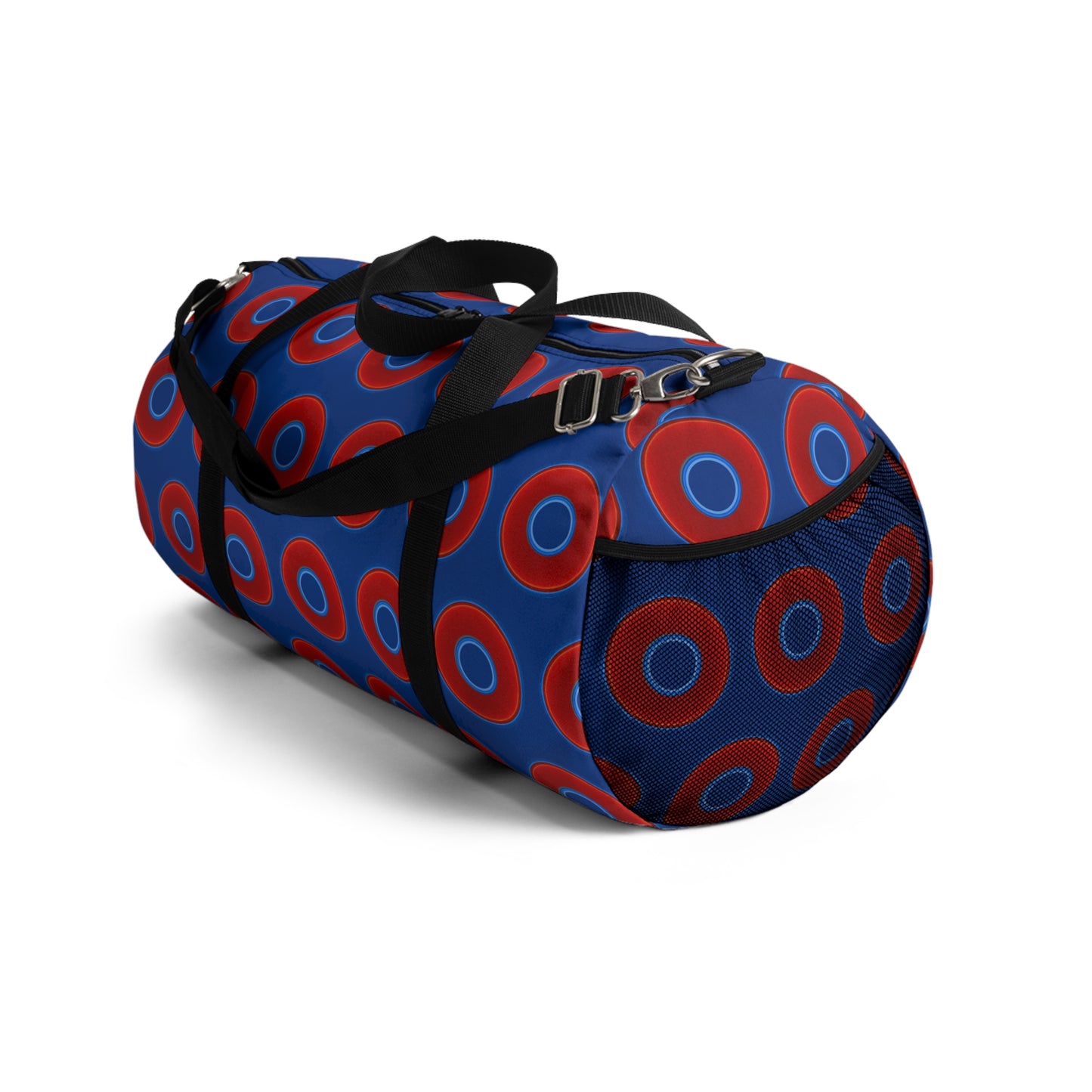 Lumpy Duffel - vivid red donuts w/dark blue background