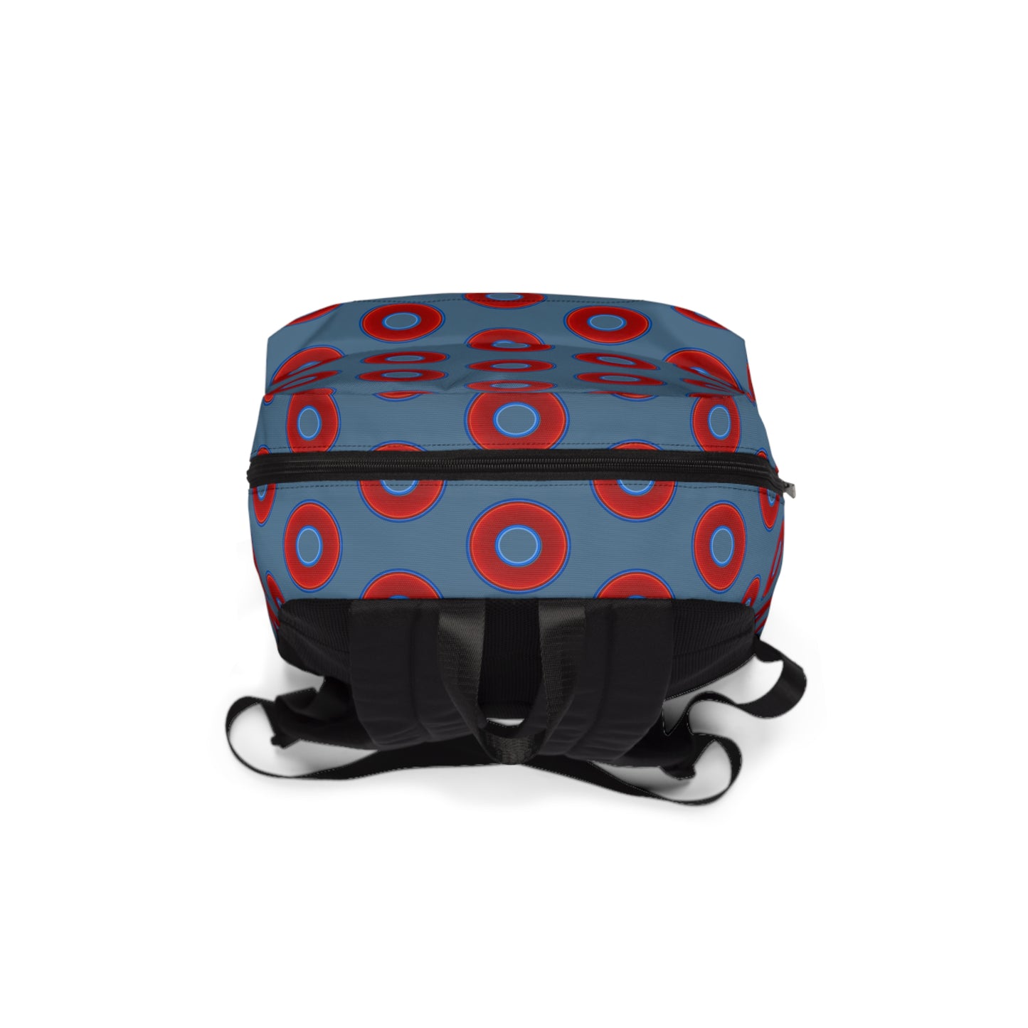 Donut Backpack - red vivid donuts w/steel blue background