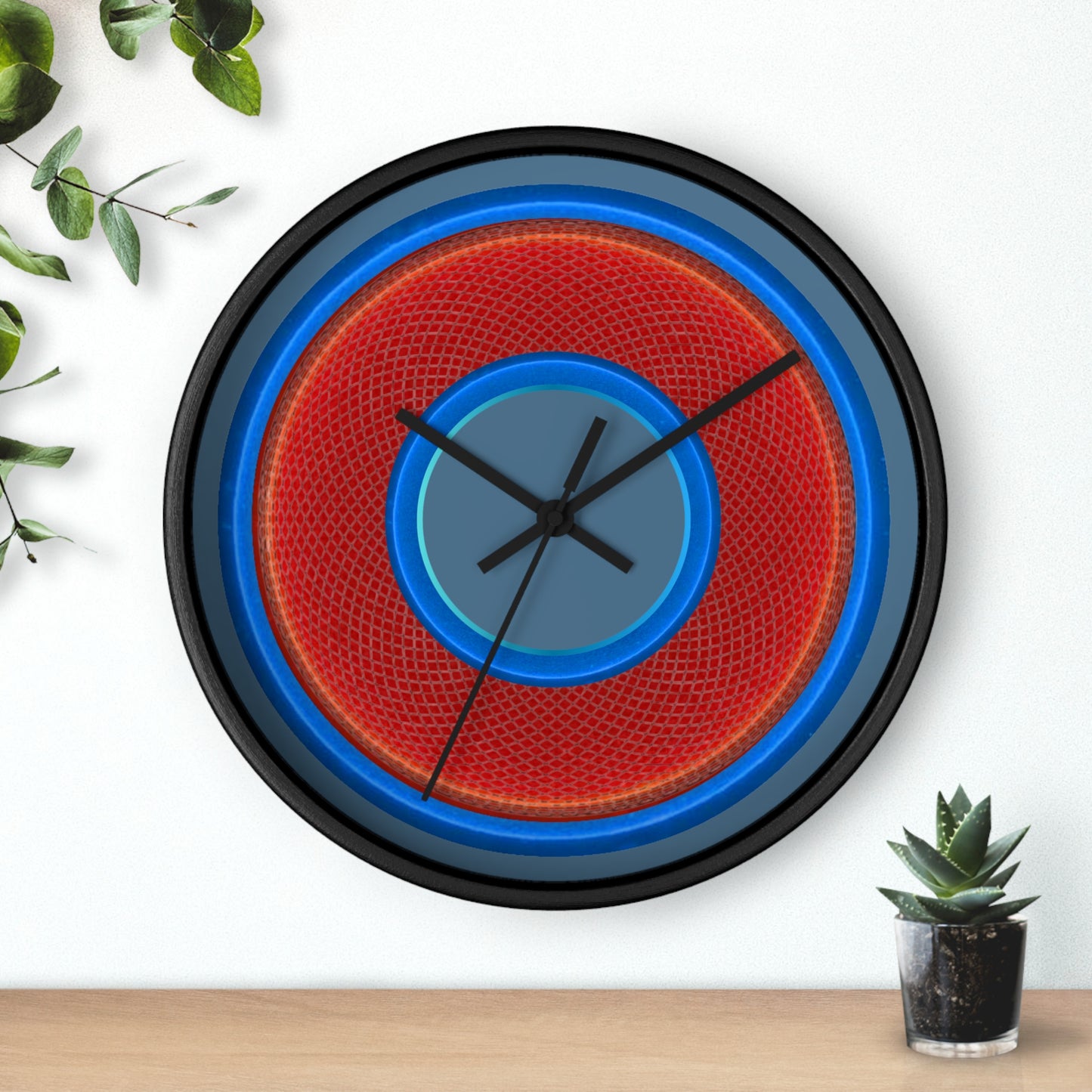 Lumpy Wall Clock - red rustic donut w/light blue edging - variant 5 w/steel blue background