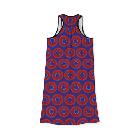 Tela's Lumpy Racerback Donut Dress - red vivid donut print w/purple background