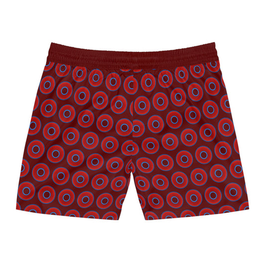 Men's Lumpy Swim Trunks - vivid red donut print w/dark red background