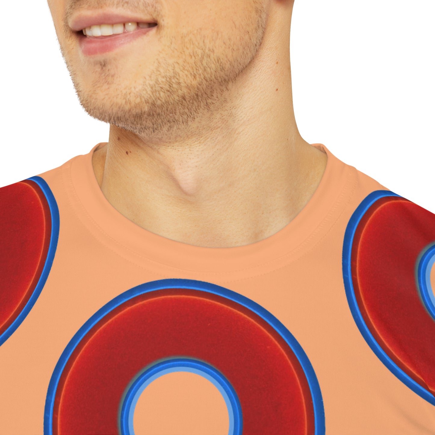 Multi-Beastie Giant Donut AOP Polyester Tee - red vivid donut print w/peach green background