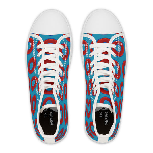 Women's High Top Chuck Taylors - large vivid red donut print w/aquamarine blue background