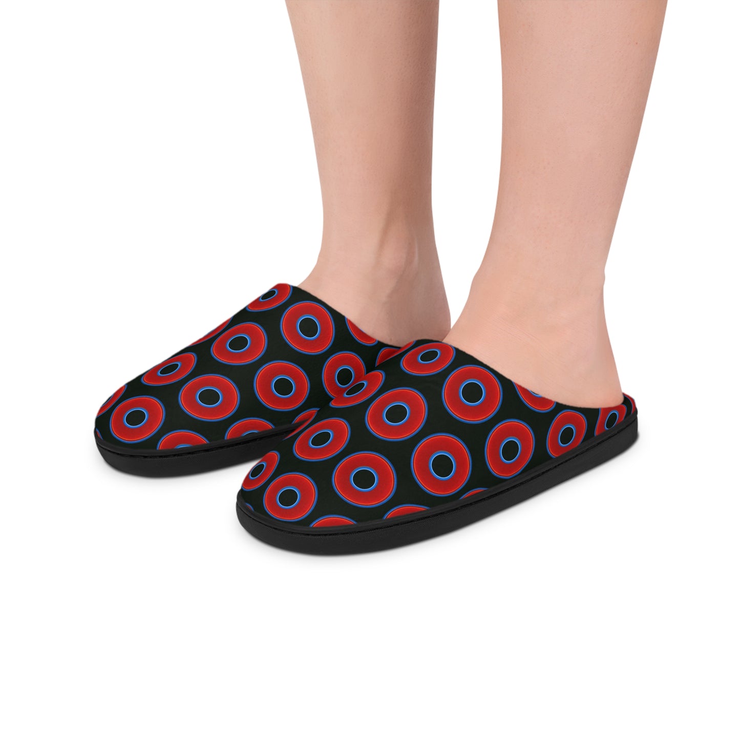 Men's Lumpy Slippers - red vivid donut print w/midnight moss green background