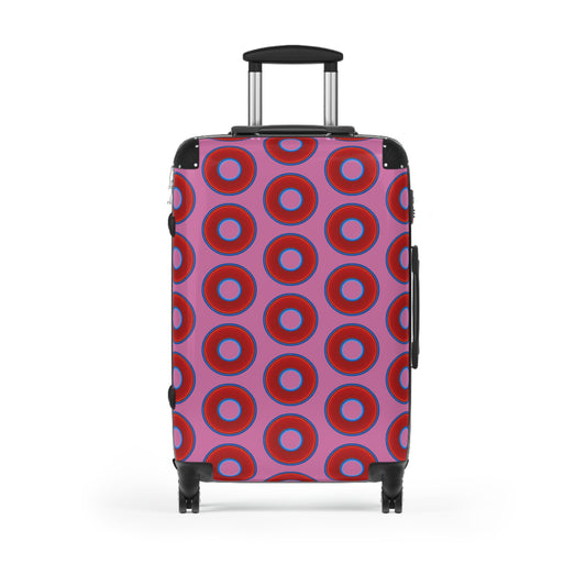 The Very Lumpy Donut Suitcase series - your choice of S, M or L - vivid red donut print w/light pink background