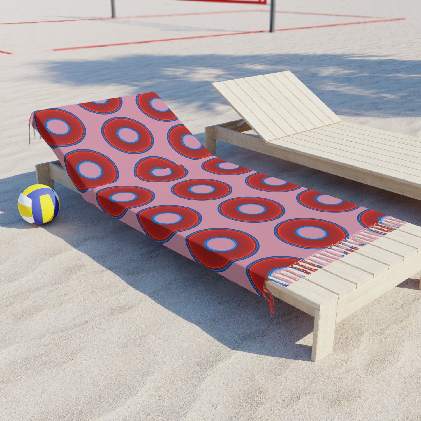 Oversized Lumpy Beach Towel - vivid red donuts w/pale magenta background