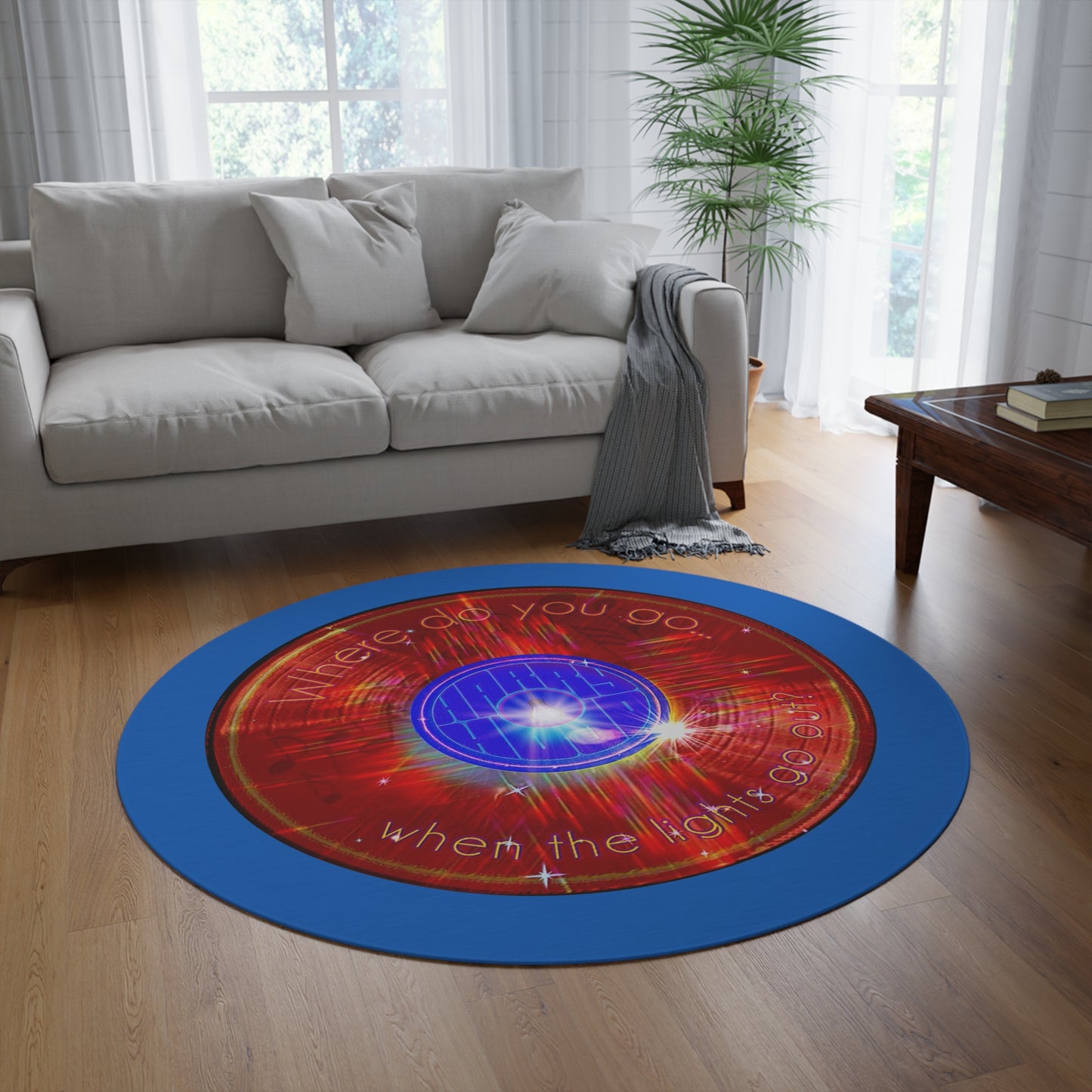Round Room - 5 ft x 5 ft Lumpy Donut Rug - "Harry's Hoodlum Donut Rug" - vivid red word donut w/dark royal blue background - variant 1
