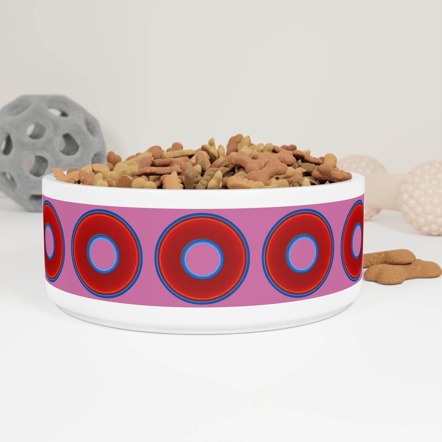 16 oz Lumpy Pet Bowl - vivid red donuts w/pink background