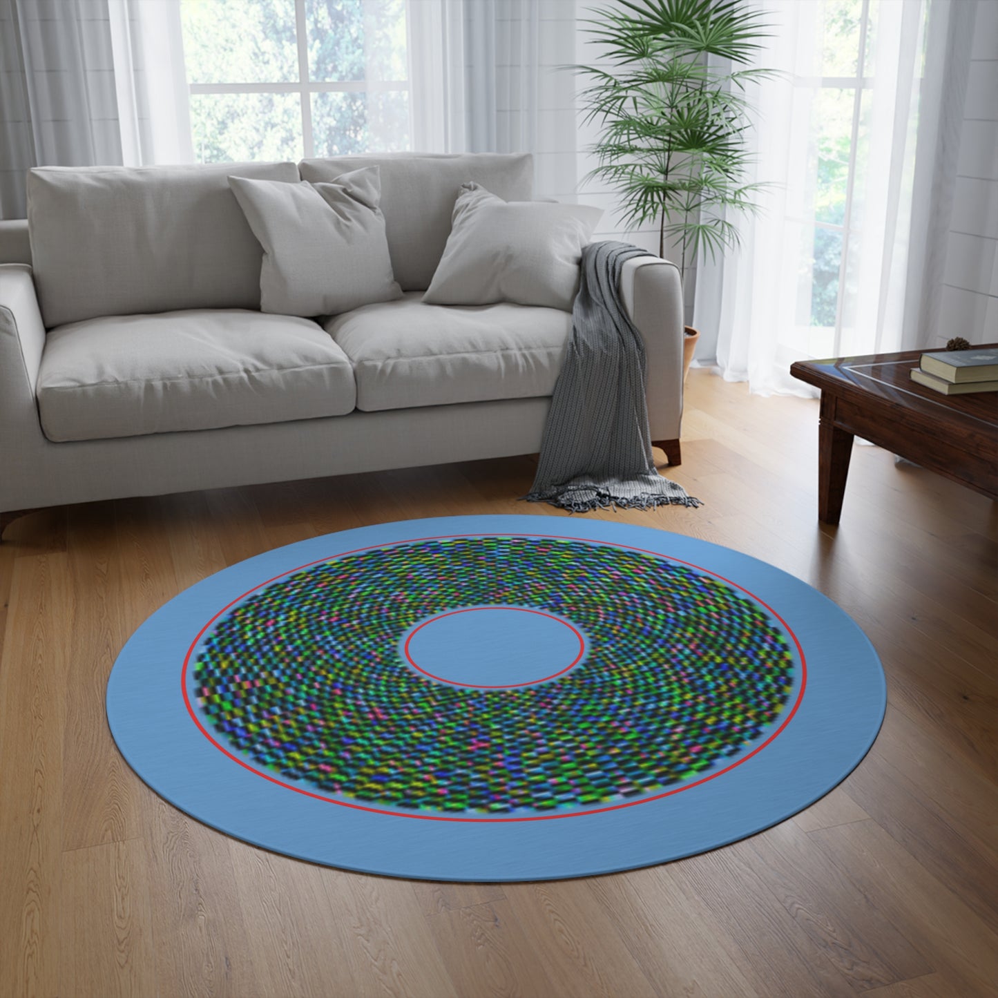 Round Room - 5 ft x 5 ft Lumpy Donut Rug - "Plain Donut" - pixilated multicolor donut w/light blue background - variant 2