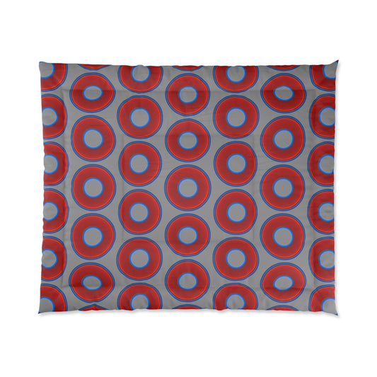 The Very Lumpy Comforter - vivid red donuts w/gray background
