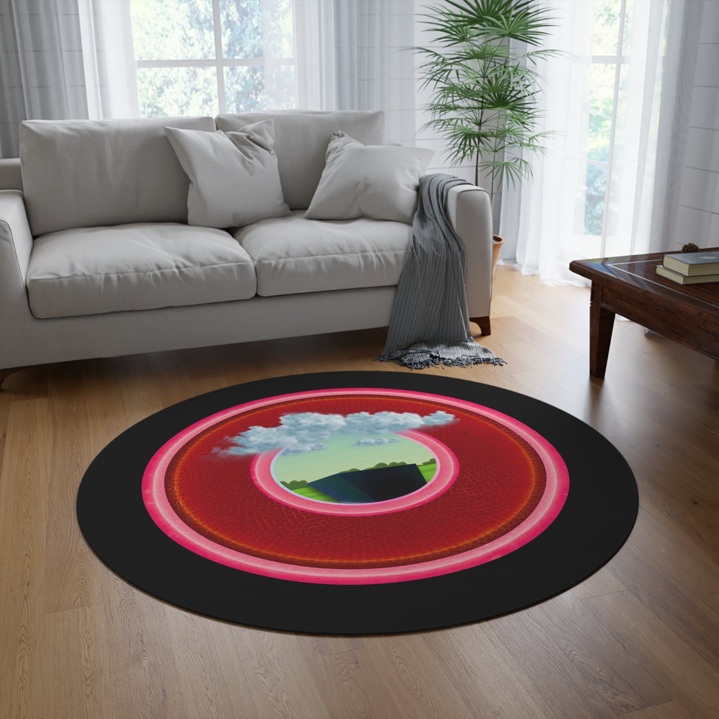 Round Room - 5 ft x 5 ft Lumpy Donut Rug - "Got Rhombus Rug?" - rustic red/pink donut w/black background - variant 3