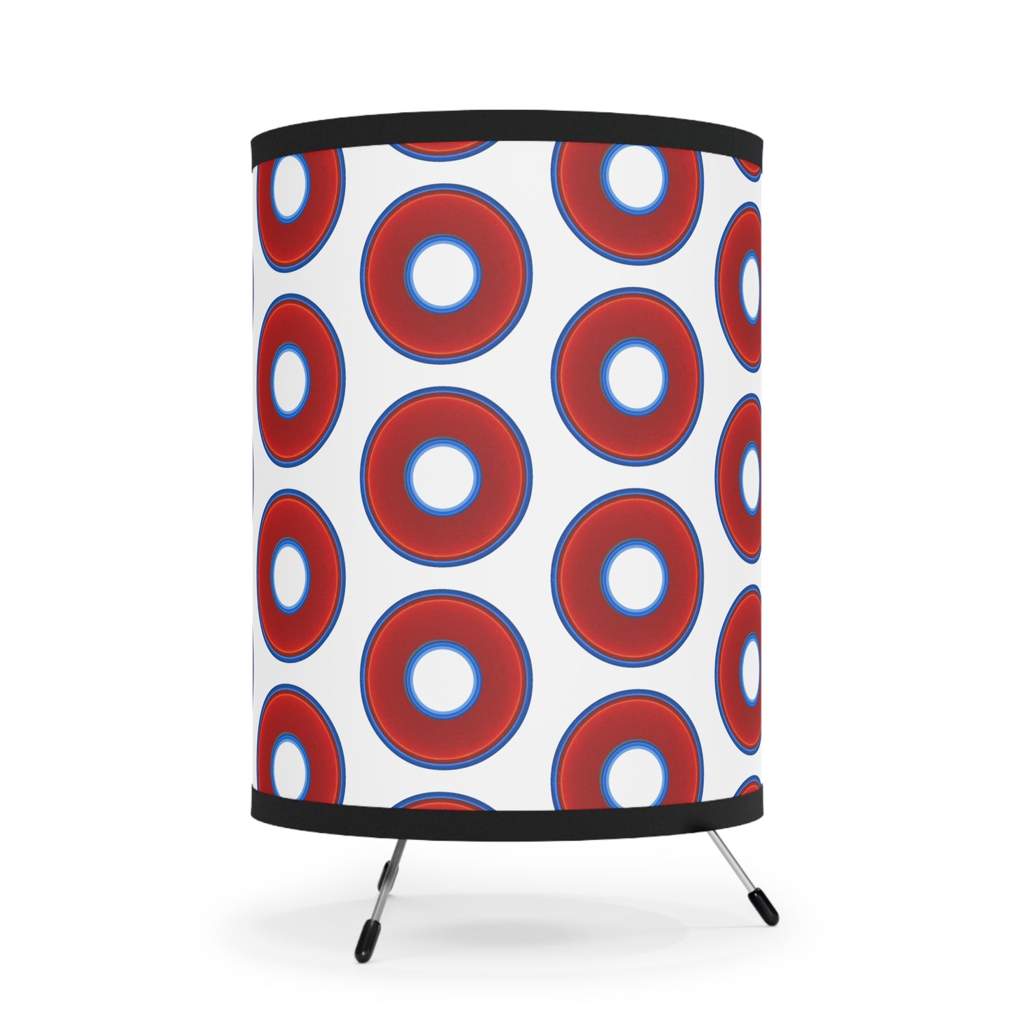 Lumpy Tripod Donut Lamp - vivid red donuts w/white background